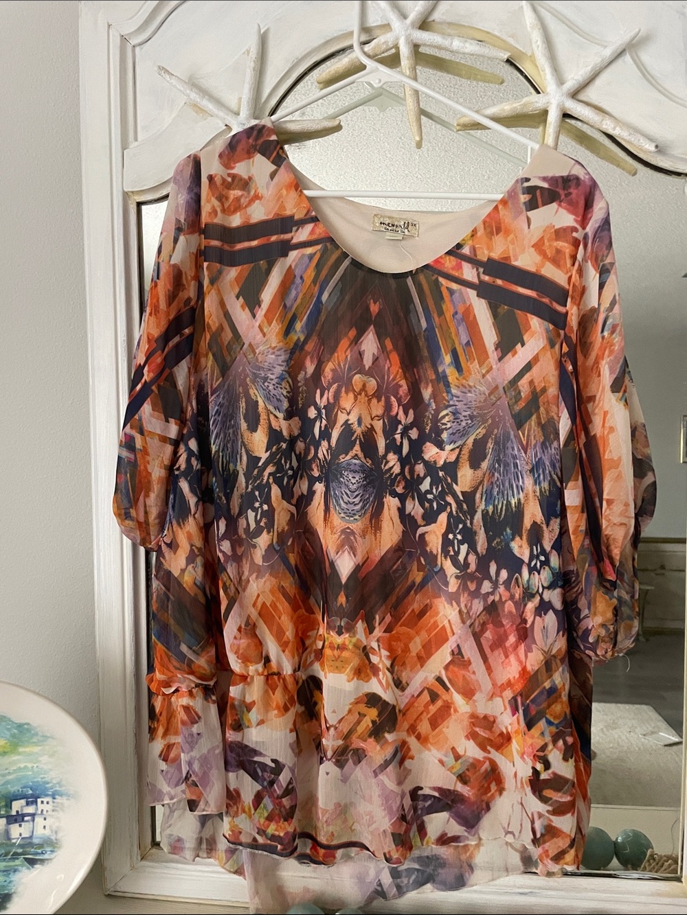 Emerald Multicolor Abstract Floral Sheer Pullover Blouse